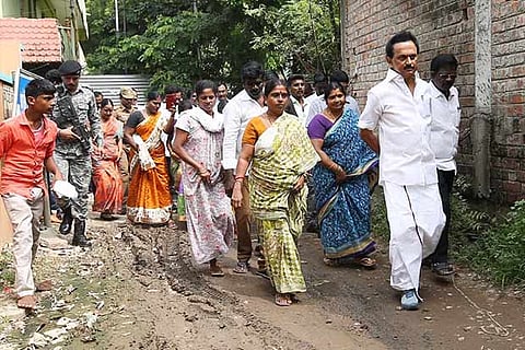 DMK president MK Stalin inspecting a road in his Kolathur constituency in Chennai on Monday