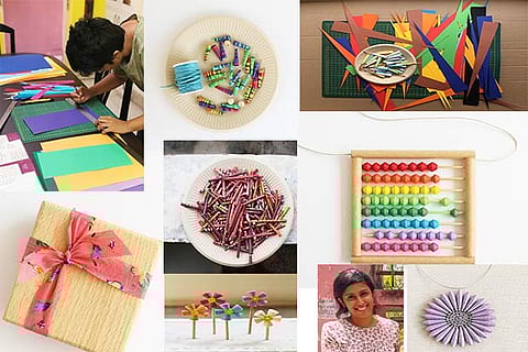 Devi working with craft paper for her designs; Devi?s handmade paper jewellery