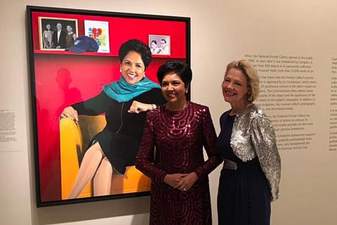 Indra Nooyi with Kim Sajet, Director, National Portrait Gallery, alongside Nooyi?s portrait