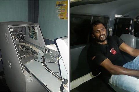 The ATM in Mogappair with the monitor removed on Monday; The accused, Silambarasan