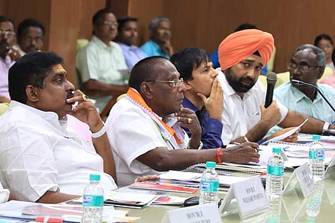 Puducherry Chief Minister V Narayanasamy at a review meeting with officials on Tuesday