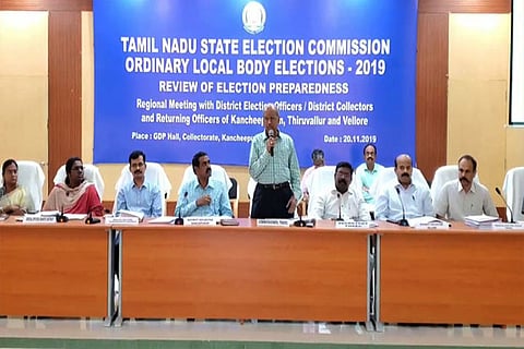 State Election Commissioner Dr R Palaniswamy discussing the conduct of civic polls