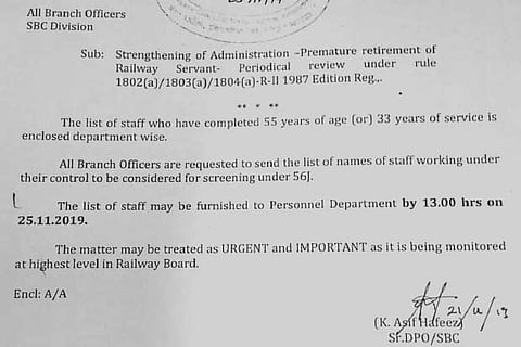 The circular issued by an official from Bengaluru division
