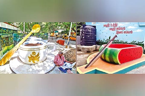 (L) One of the wells resembles a soup cup with a spoon, (R) another one looks like a watermelon