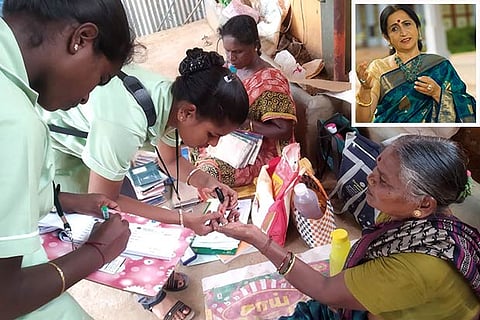 Volunteers of Maitri interacting with senior women; (Inset) Aruna Sairam