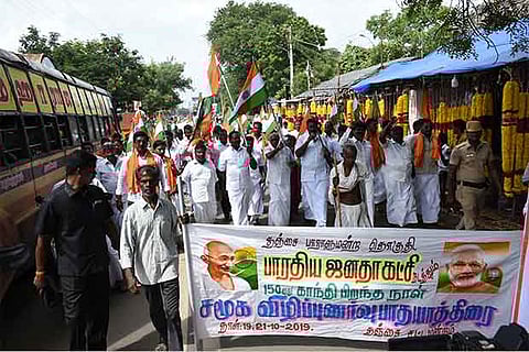 Former union minister Pon Radhakrishnan taking out a padayatra to commemorate Gandhiji?s 150th birth anniversa