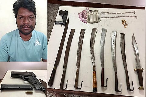 (Clockwise from top left) Sivakumar; machetes and pistols seized from the accused