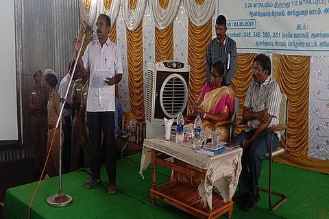 An activist speaks during the public hearing on the cement factory expansion held in Ariyalur on Thursday