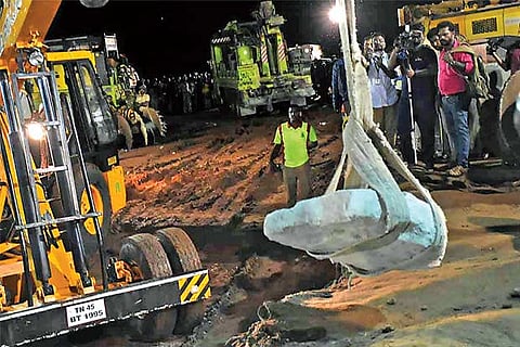 The boulder blocking the rigging process was pulled out of the hole late on Monday