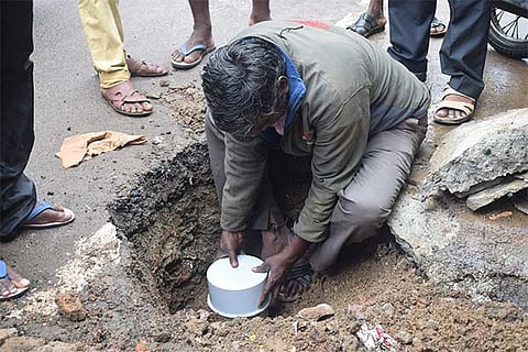 Vellore Corporation officials caping an open borewell on Tuesday