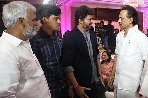 Actor Vijay greeting DMK president MK Stalin at a private function held in the city on Monday