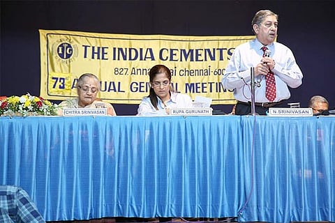 N Srinivasan addresses shareholders at the 73rd AGM of India Cements, held in Chennai, on Thursday