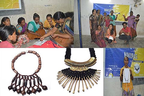 Women from the Narikuravar community during a jewellery making workshop; students and designers at a training