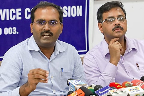 K Nanthakumar (L); R Sudhan (R) address a press meet on Sunday