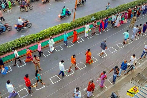 Social distancing maintained while buying essentials at Chittoor, Tirupati