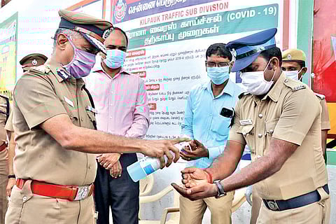 CoP AK Viswanathan at an event to distribute masks, sanitisers and energy drinks to police personnel