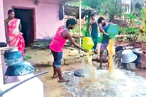 Police destroying arrack brewed in a village on Kalvarayan Hills on Tuesday