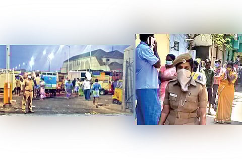Home Guards at work, manning the gates of Koyambedu market and controlling crowd at the ration shops