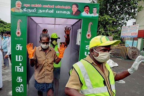 A disinfection tunnel in Coimbatore