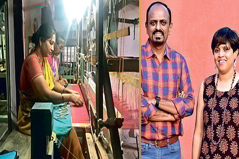 Weavers at work; Jawahar Singh and Kalaivani Sadagopan