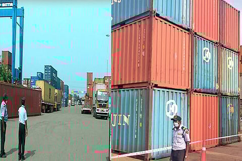 A security personnel guards the containers of chemical