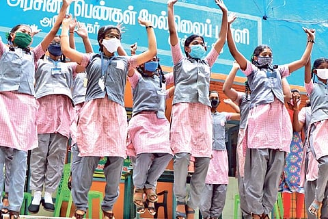 Students from KK Nagar Govt school celebrate after results
