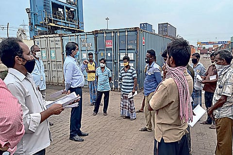 PESO officials give instructions to drivers of last-batch container trucks shifting explosive grade