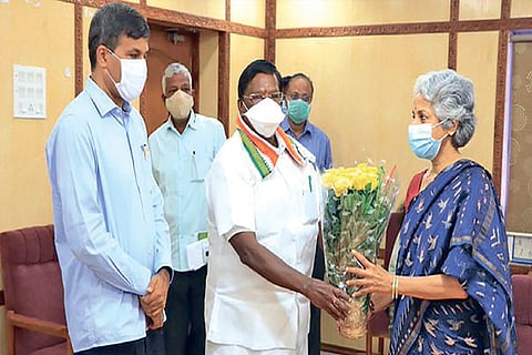 Pondy CM V Narayanasamy welcoming WHO chief scientist Soumya Swaminathan on Thursday