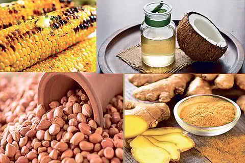 Corn; Cold-pressed virgin coconut oil; Groundnuts; Ginger