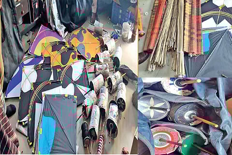 The kites and manja thread seized during raids in north Chennai