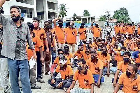 Swiggy delivery executives staging a protest in Chennai