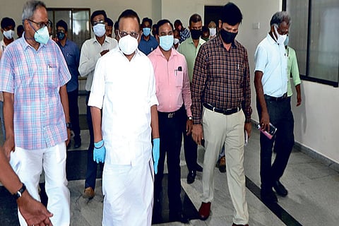 Speaker P Dhanapal inspecting Kalaivanar Arangam, where the Assembly session is likely to be conduct