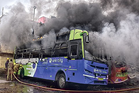 The luxury buses that went up in flames at Koyambedu terminus on Sunday