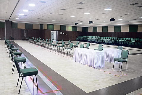 An experimental arrangement being made at Kalaivanar Arangam in Chennai to conduct the Assembly