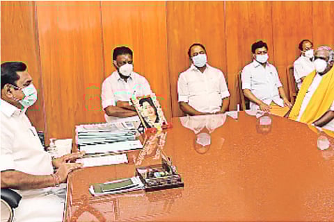 Chief Minister Edappadi K Palaniswami holding talks with a PMK delegation led by MP Anbumani Ramados