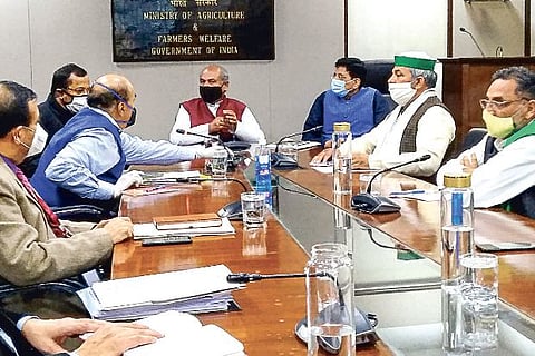 Tomar and Goyal in a meeting with Bharatiya Kisan Union leaders on farmers? issues on Tuesday.