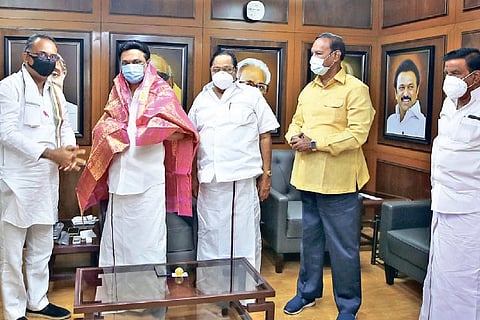 AICC in-charge of TN Dinesh Gundu Rao calls on DMK president MK Stalin in Chennai on Wednesday.