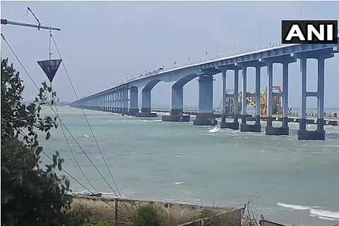 Cyclone Burevi: Warning cage 7 mounted at Pamban bridge