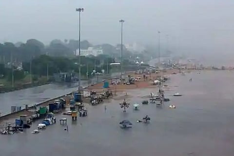 A deserted Marina beach is seen during rains before Cyclone Nivar's landfall, in Chennai