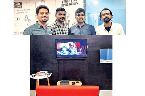 Prakash, Harry, Sujit and Manoj (top), Console gaming at the gaming cafe Huzzle