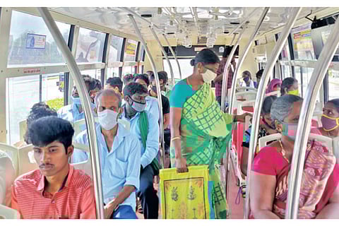 All seats occupied in a bus on Tuesday
