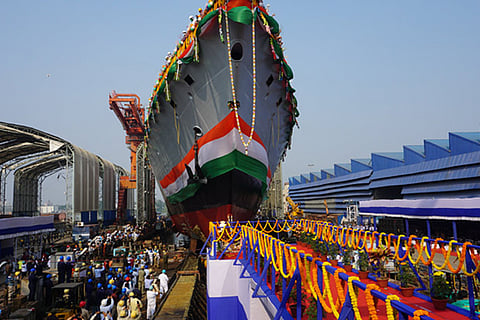 Navy's indigenous advanced frigate 'Himgiri' makes first contact with water