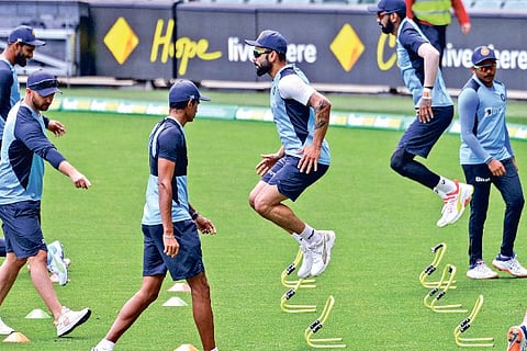 India players go through a training session at the Adelaide Oval