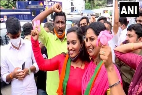 Kerala: BJP Workers Celebrate As NDA Leads In 13 Wards