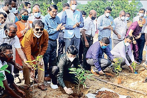 Actor Vivekh and Health Secy Radhakrishnan plant saplings at the premises of Omandurar Govt Estate.