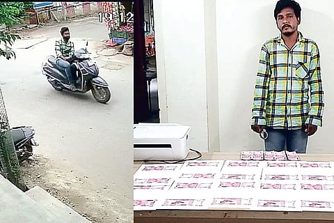 CCTV footage of Ilias leaving a grocers in Valasaravakkam on his bike;(r) with seized fake currency.