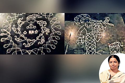 Kolam depicts 1st poem (L), 3rd poem explained through a kolam, (inset) Meenakshi Devaraj