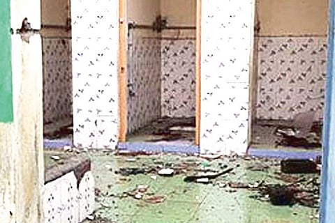 A view of the vandalised toilet facility near Udayendram town panchayat in Tirupattur district