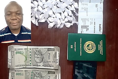 Alif Oluwasun Ibrahim (inset) and the seized cocaine sachets, passport, flight tickets and cash