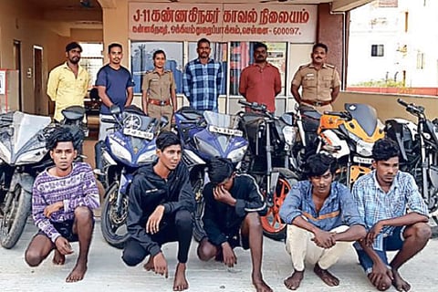 The five arrested with the recovered bikes